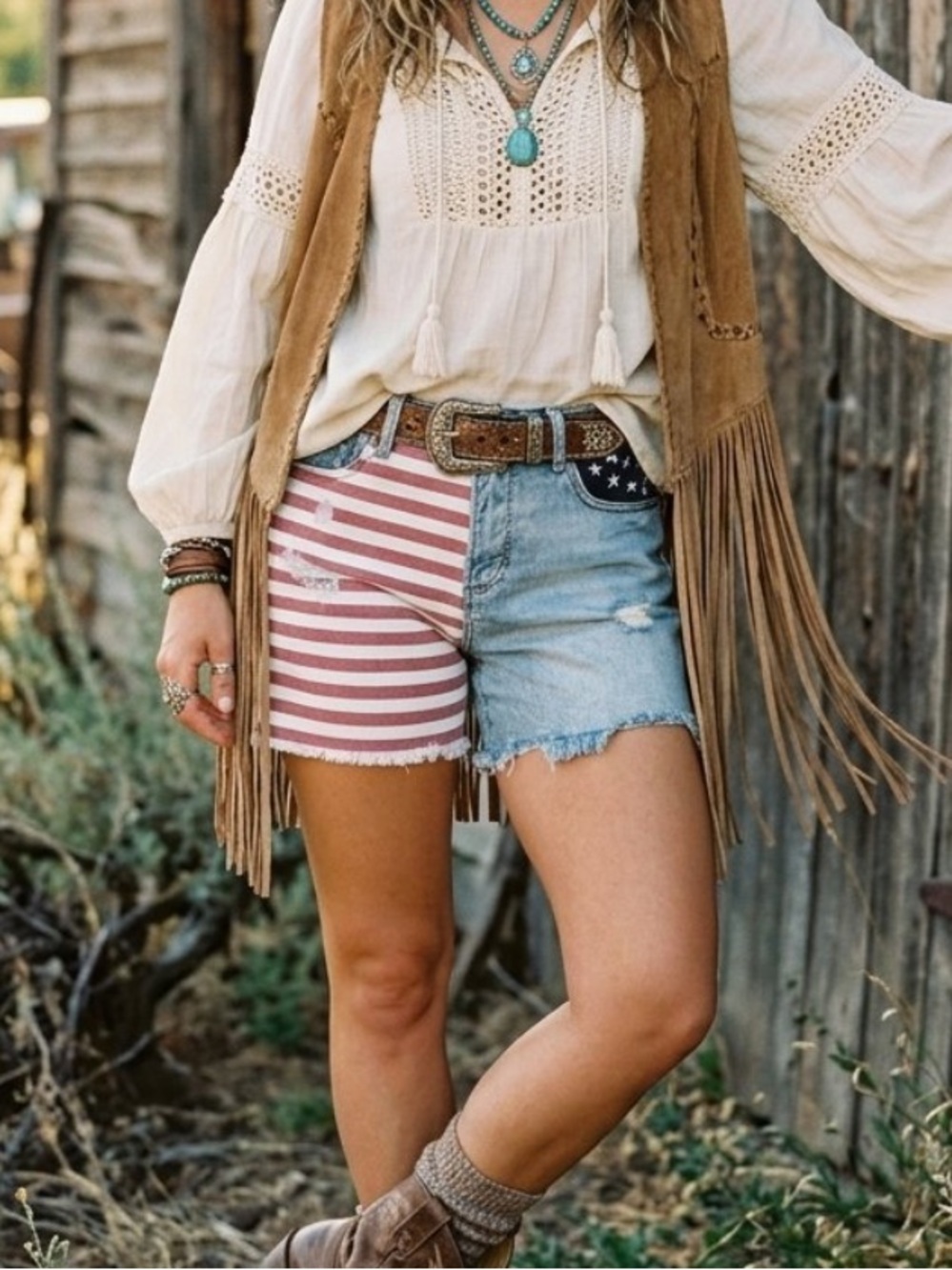 DRIFTWOOD Lulu American Flag Denim Cutoff Shorts 5.5” Inseam Boho Western